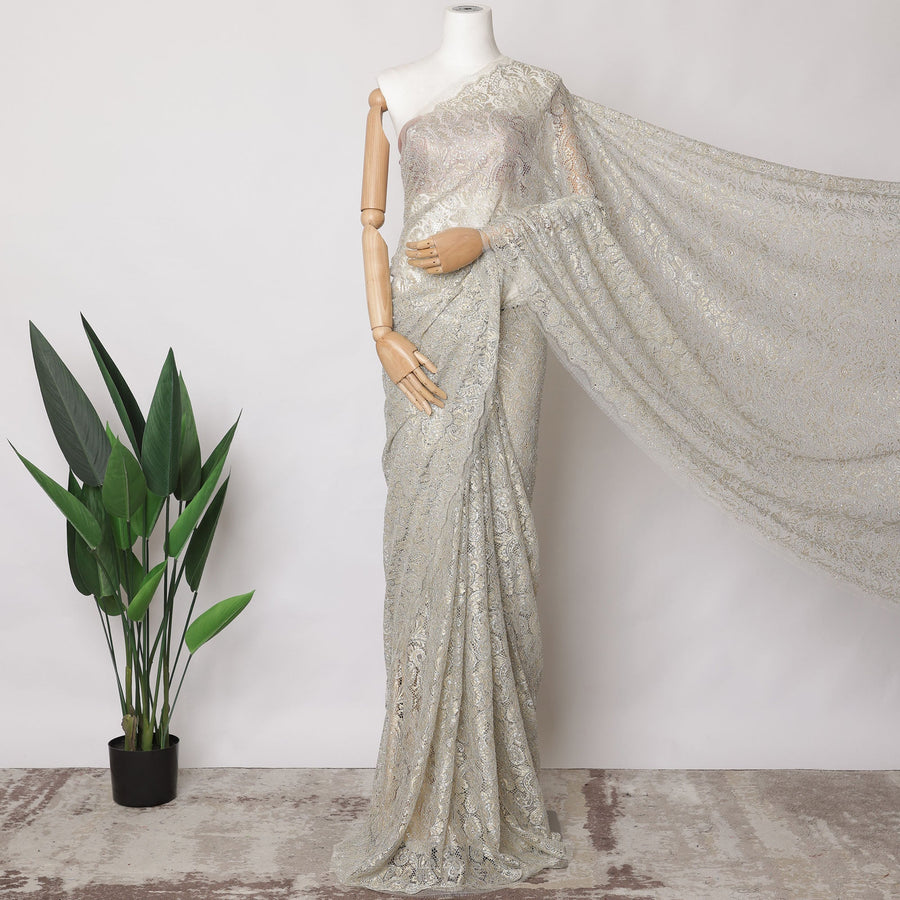 Ivory Metallic French Chantilly Lace Fabric with Stone Work, 5.5 Meters, 110 cm Width-EC-402-0021541