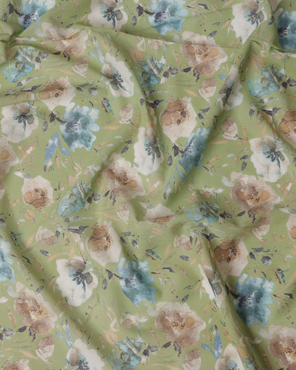 Green Cotton Lawn Fabric with Multicolor Floral Print – 110 cm Width-D21552