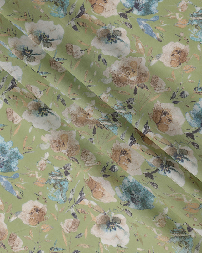 Green Cotton Lawn Fabric with Multicolor Floral Print – 110 cm Width-D21552