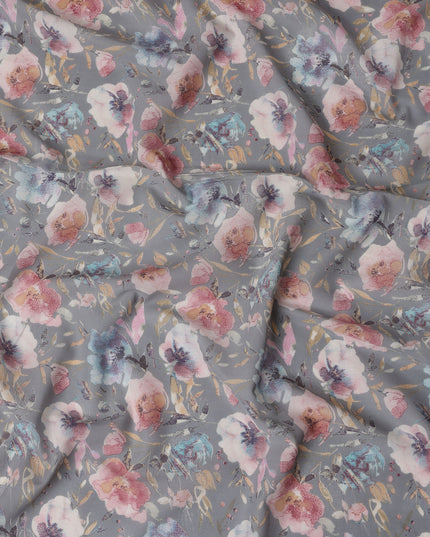 Grey Cotton Lawn Fabric with Multicolor Floral Print – 110 cm Width-D21553