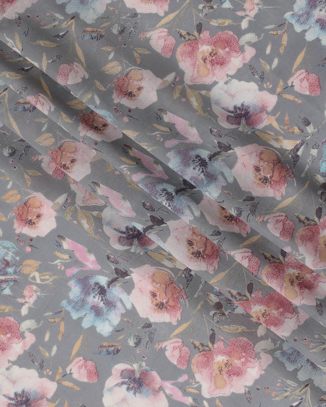 Grey Cotton Lawn Fabric with Multicolor Floral Print – 110 cm Width-D21553