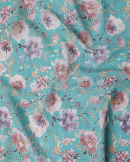 Turquoise Cotton Lawn Fabric with Multicolor Floral Print – 110 cm Width-D21554