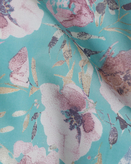 Turquoise Cotton Lawn Fabric with Multicolor Floral Print – 110 cm Width-D21554