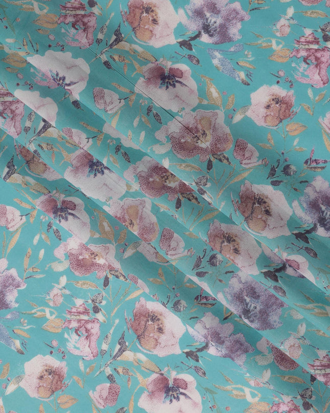 Turquoise Cotton Lawn Fabric with Multicolor Floral Print – 110 cm Width-D21554