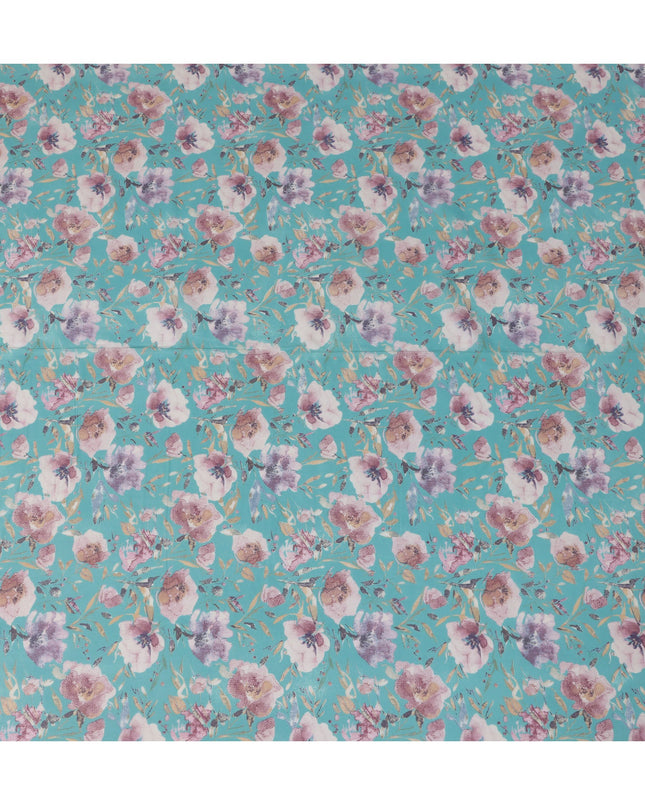 Turquoise Cotton Lawn Fabric with Multicolor Floral Print – 110 cm Width-D21554