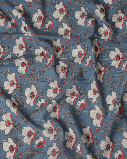 Blue Cotton Lawn Fabric with White and Red Floral Print – 110 cm Width-D21555