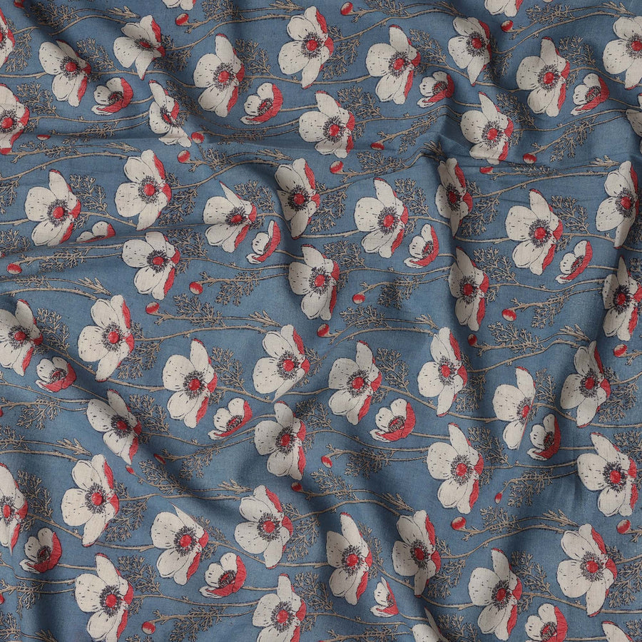 Blue Cotton Lawn Fabric with White and Red Floral Print – 110 cm Width-D21555