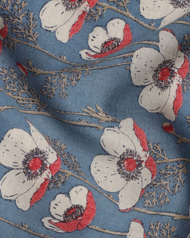 Blue Cotton Lawn Fabric with White and Red Floral Print – 110 cm Width-D21555