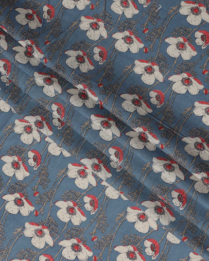 Blue Cotton Lawn Fabric with White and Red Floral Print – 110 cm Width-D21555