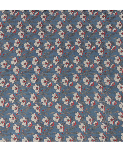 Blue Cotton Lawn Fabric with White and Red Floral Print – 110 cm Width-D21555