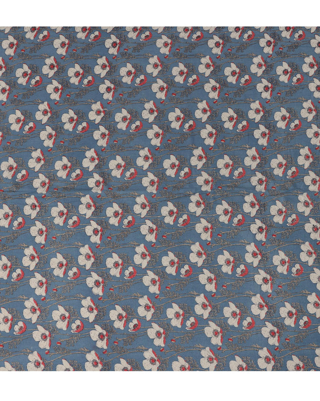 Blue Cotton Lawn Fabric with White and Red Floral Print – 110 cm Width-D21555