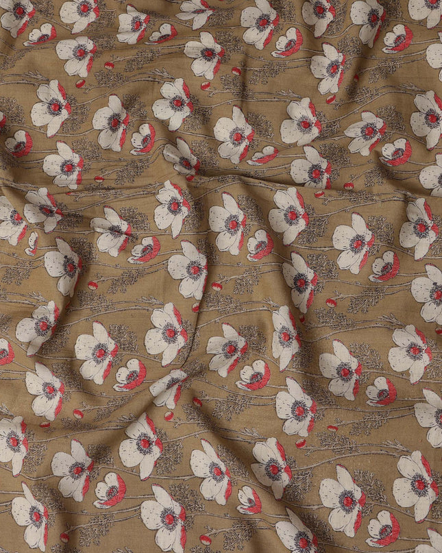 Light Brown Cotton Lawn Fabric with White and Red Floral Print – 110 cm Width-D21556