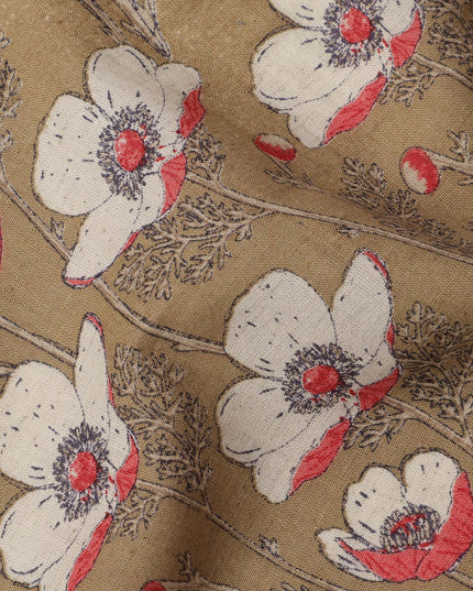 Light Brown Cotton Lawn Fabric with White and Red Floral Print – 110 cm Width-D21556