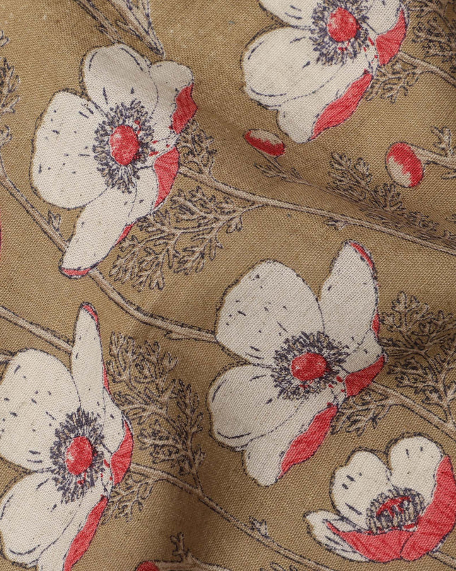 Light Brown Cotton Lawn Fabric with White and Red Floral Print – 110 cm Width-D21556