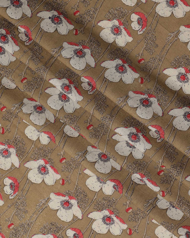 Light Brown Cotton Lawn Fabric with White and Red Floral Print – 110 cm Width-D21556