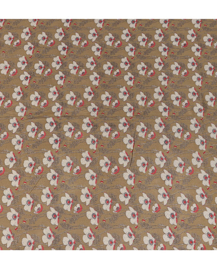 Light Brown Cotton Lawn Fabric with White and Red Floral Print – 110 cm Width-D21556