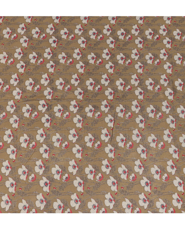 Light Brown Cotton Lawn Fabric with White and Red Floral Print – 110 cm Width-D21556