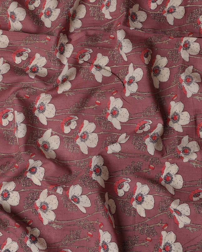 Light maroon Cotton Lawn Fabric with White and Red Floral Print – 110 cm Width-D21557