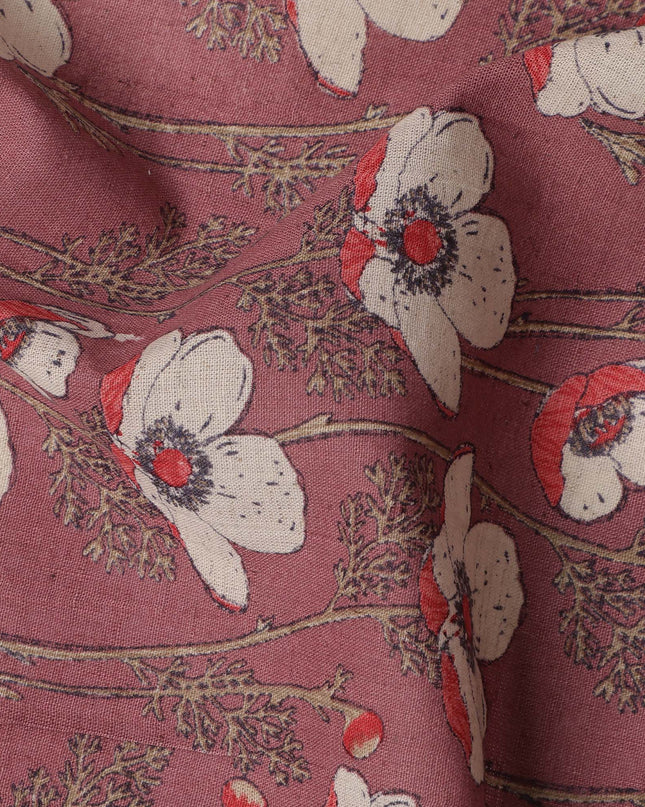 Light maroon Cotton Lawn Fabric with White and Red Floral Print – 110 cm Width-D21557