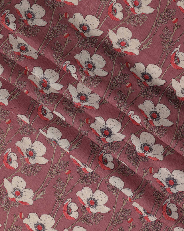 Light maroon Cotton Lawn Fabric with White and Red Floral Print – 110 cm Width-D21557