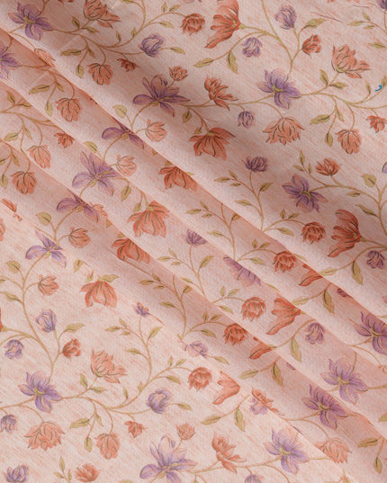 Peach Cotton Linen Fabric with Multicolor Floral Print – 110 cm Width-D21558