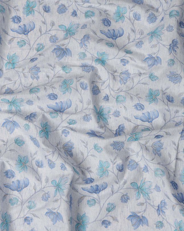 Light Blue Cotton Linen Fabric with Blue Floral Print – 110 cm Width-D21560