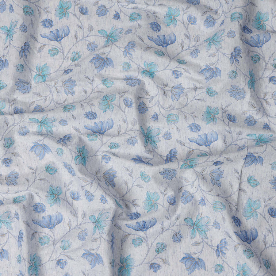 Light Blue Cotton Linen Fabric with Blue Floral Print – 110 cm Width-D21560