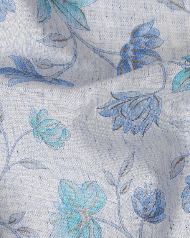 Light Blue Cotton Linen Fabric with Blue Floral Print – 110 cm Width-D21560