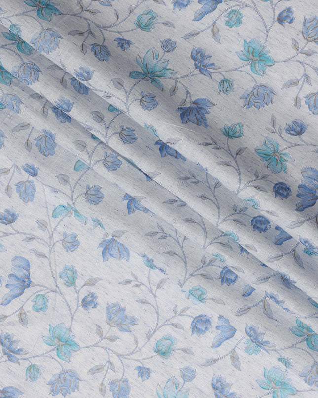 Light Blue Cotton Linen Fabric with Blue Floral Print – 110 cm Width-D21560