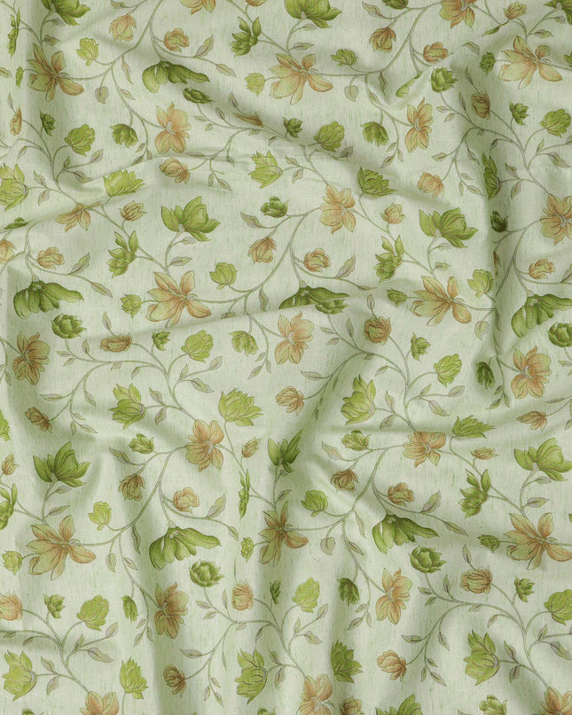 Light Green Cotton Linen Fabric with Green Floral Print – 110 cm Width-D21561