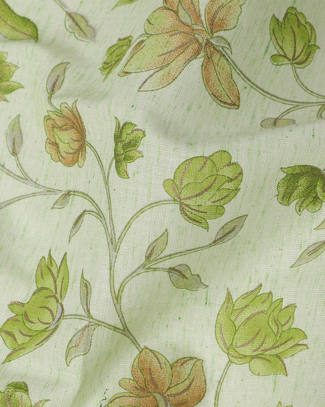 Light Green Cotton Linen Fabric with Green Floral Print – 110 cm Width-D21561