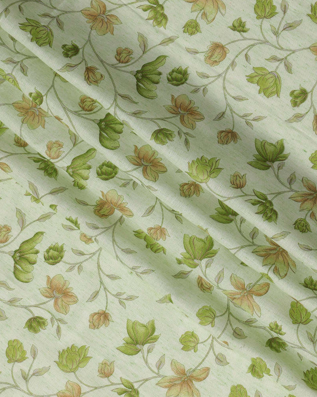 Light Green Cotton Linen Fabric with Green Floral Print – 110 cm Width-D21561