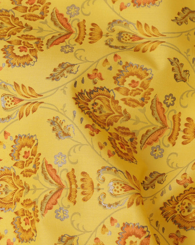 Yellow Floral Cotton Lawn Fabric with Intricate Traditional Motifs – 110 Cms Wide-D21562