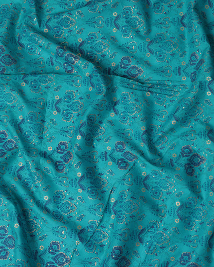 Turquoise Floral Cotton Lawn Fabric with Indian Traditional Patterns – 110 Cms Wide-D21564