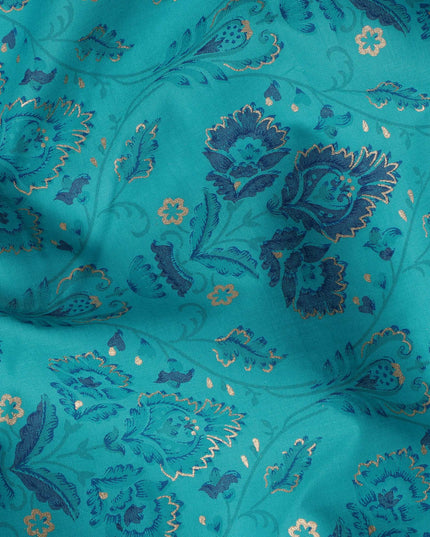 Turquoise Floral Cotton Lawn Fabric with Indian Traditional Patterns – 110 Cms Wide-D21564