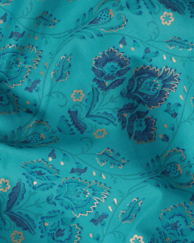 Turquoise Floral Cotton Lawn Fabric with Indian Traditional Patterns – 110 Cms Wide-D21564