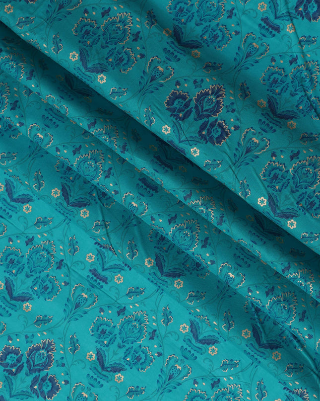 Turquoise Floral Cotton Lawn Fabric with Indian Traditional Patterns – 110 Cms Wide-D21564