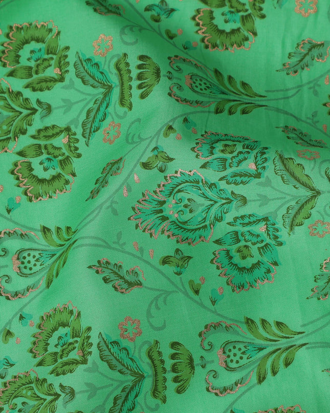 Green Cotton Lawn Fabric with Elegant Floral Motifs – 110 Cms Wide-D21565