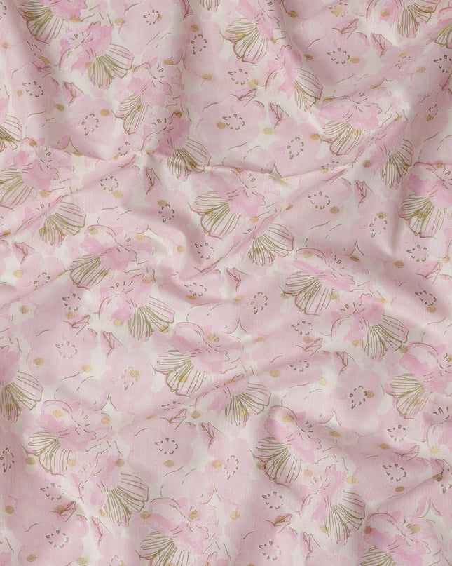 Pink Cotton Linen Fabric with Floral Print and Gold Highlights – 110 Cms Wide-D21566