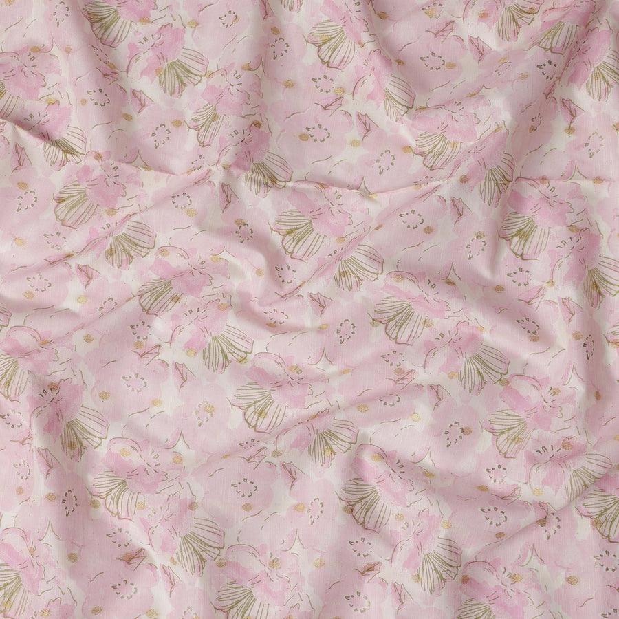Pink Cotton Linen Fabric with Floral Print and Gold Highlights – 110 Cms Wide-D21566