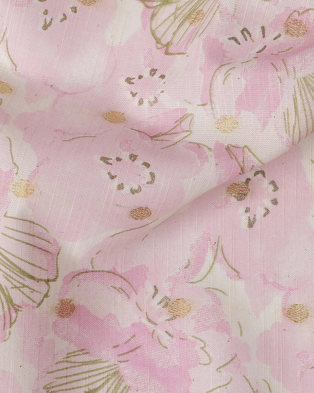 Pink Cotton Linen Fabric with Floral Print and Gold Highlights – 110 Cms Wide-D21566