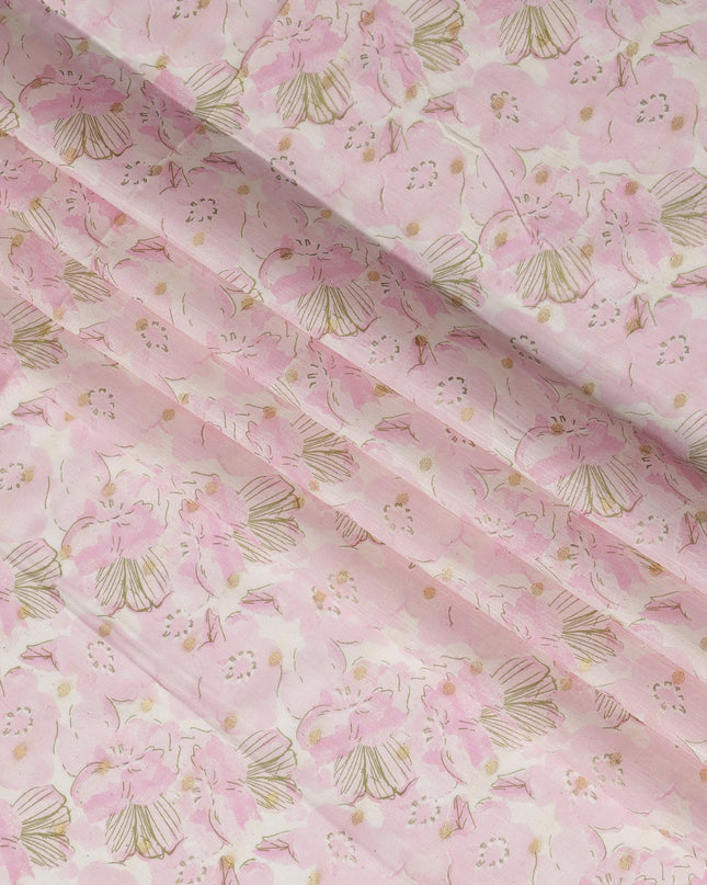 Pink Cotton Linen Fabric with Floral Print and Gold Highlights – 110 Cms Wide-D21566