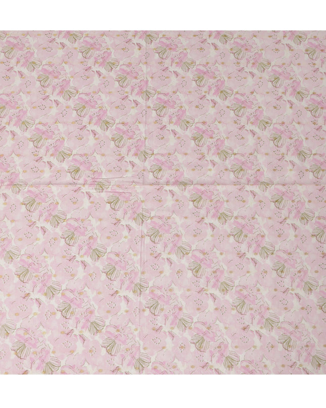 Pink Cotton Linen Fabric with Floral Print and Gold Highlights – 110 Cms Wide-D21566