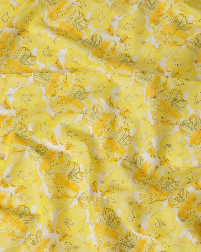 Yellow Cotton Linen Fabric with Bold Floral Print – 110 Cms Wide-D21567