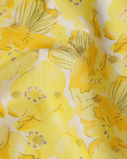 Yellow Cotton Linen Fabric with Bold Floral Print – 110 Cms Wide-D21567