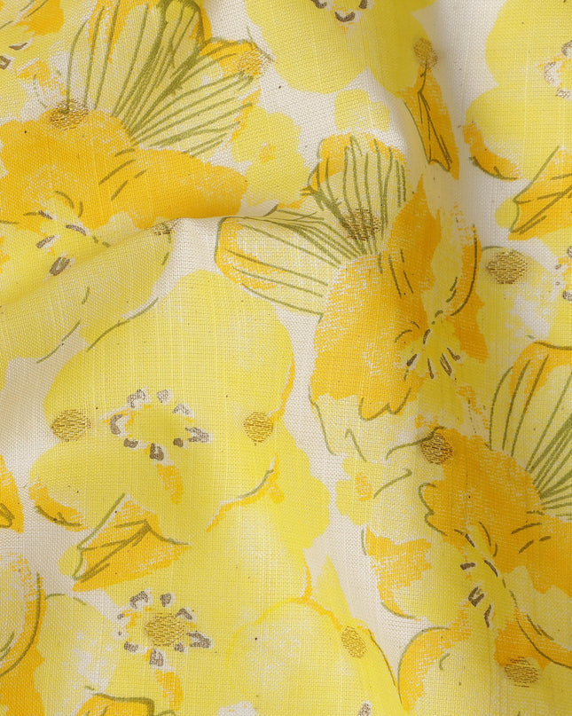 Yellow Cotton Linen Fabric with Bold Floral Print – 110 Cms Wide-D21567