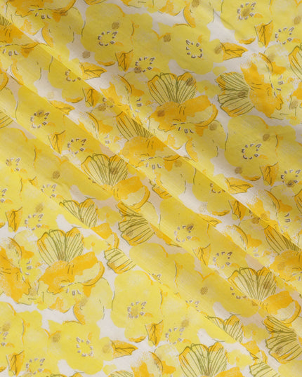 Yellow Cotton Linen Fabric with Bold Floral Print – 110 Cms Wide-D21567