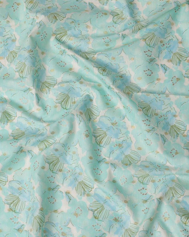 Mint Blue Floral Print Cotton Linen Fabric, 110 cm Width-D21568