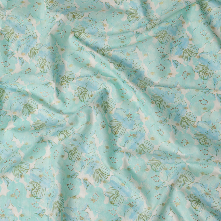 Mint Blue Floral Print Cotton Linen Fabric, 110 cm Width-D21568