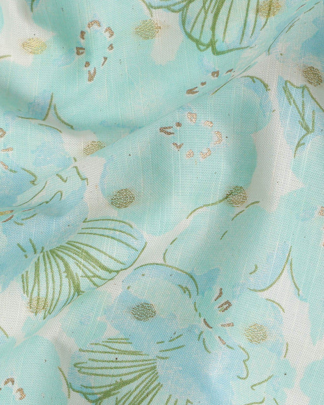 Mint Blue Floral Print Cotton Linen Fabric, 110 cm Width-D21568